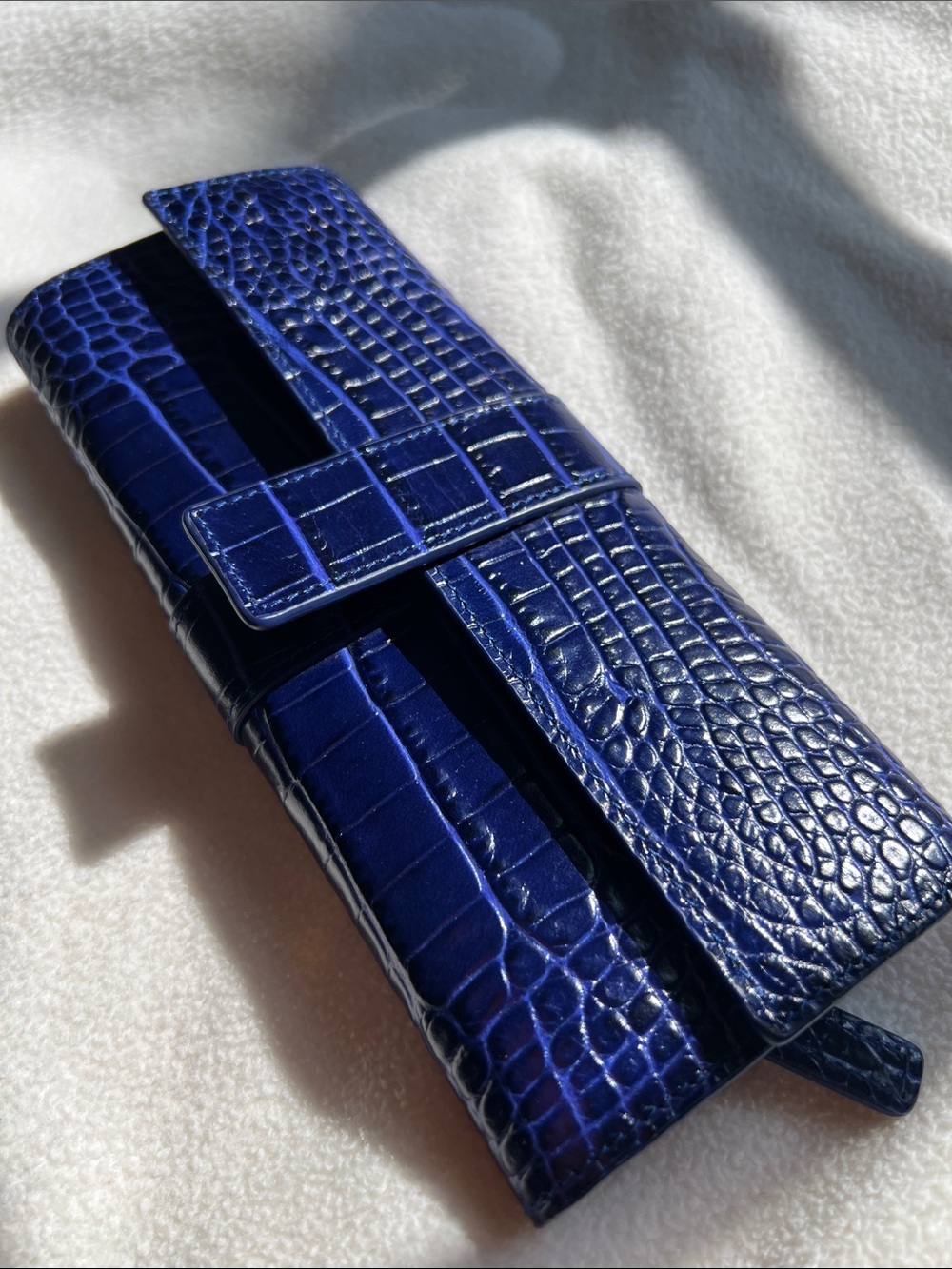 Smythson Croc-Embossed Deep Blue Leather Jewelry Roll